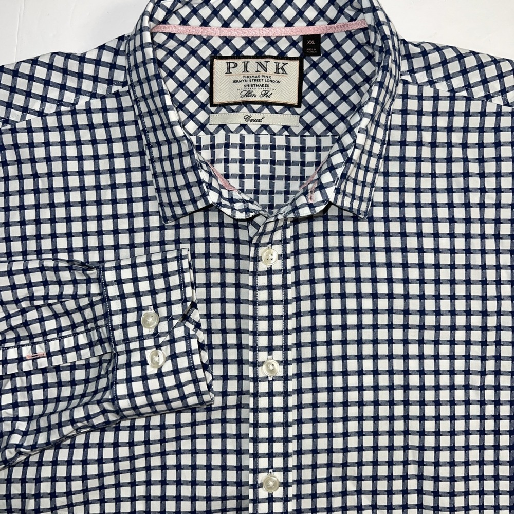 Thomas Pink Mens Sizeโ XXL Blue Gingham Check Dress Shirt Slim Fit Casual